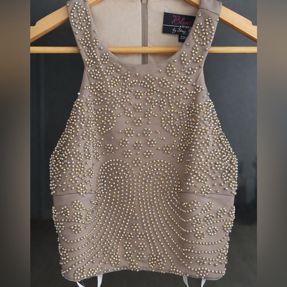 Blondie Nites Beaded Mesh Crop Top Nude Champagne Crystal Embellished Small USA